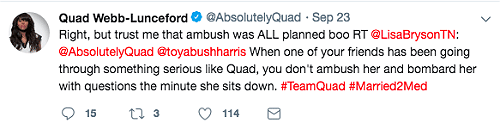 Fans Take Up for Quad Webb-Lunceford After ‘Married to Medicine’ Co-Stars Question Her Lack of Transparency Fans Take Up for Quad Webb-Lunceford After ‘Married to Medicine’ Co-Stars Question Her Lack of Transparency