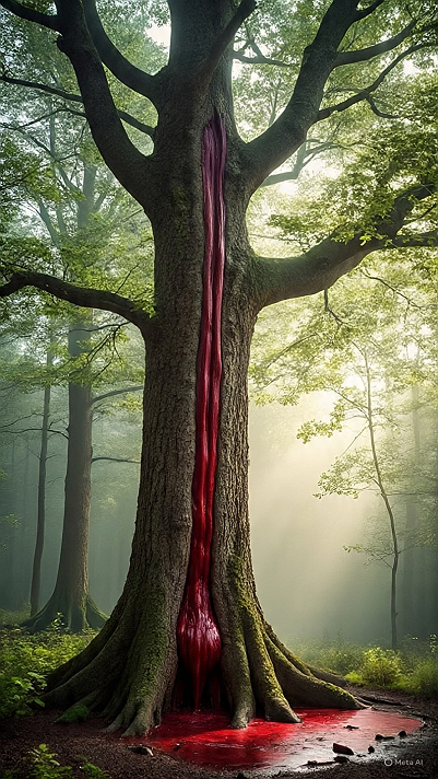 The Bleeding TreeThere stands a tree that should not weep,yet it does.Its bark is split...